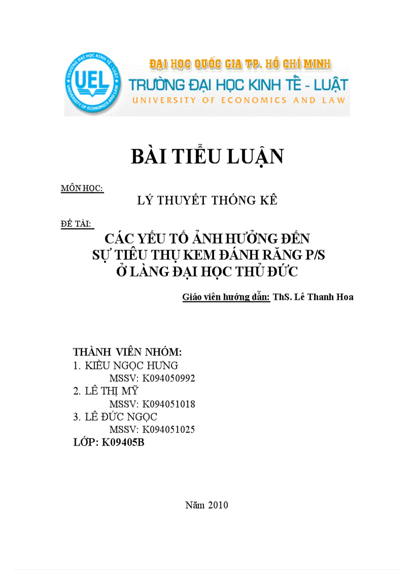 Các yếu tố ảnh hưởng đến sự tiêu thụ kem đánh răng P s ở làng Đại học Thủ Đức