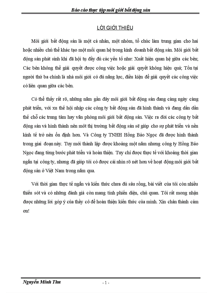Báo cáo thực tập môi giới bất động sản tại Công ty TNHH Hồng Bảo Ngọc