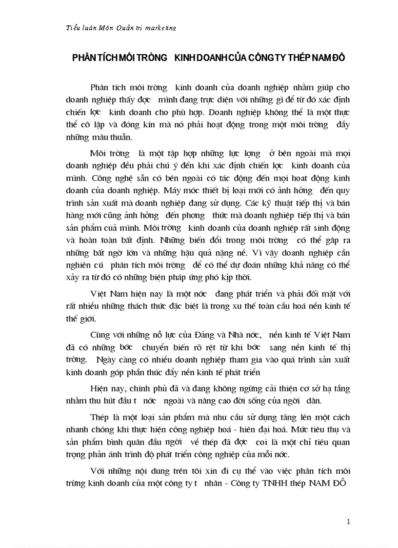 Phân tích môi trưòng kinh doanh của công ty thép Nam Đô