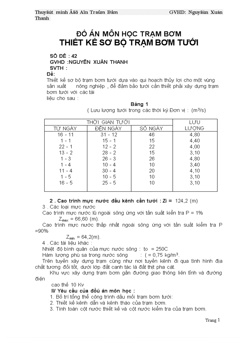 Thiết kế sơ bộ trạm bơm tưới