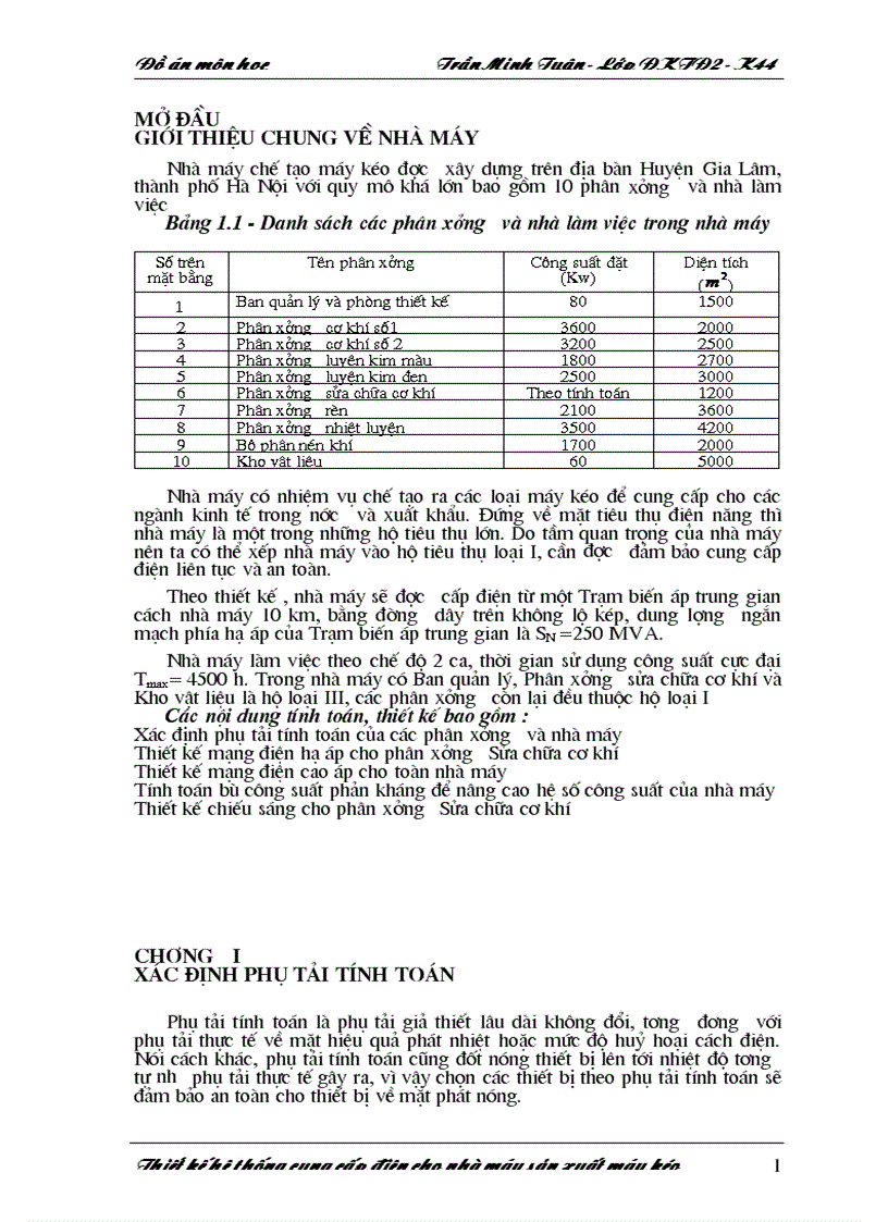 Đồ án cung cấp điện cho Nhà máy chế tạo máy kéo Gia Lâm Hà Nội