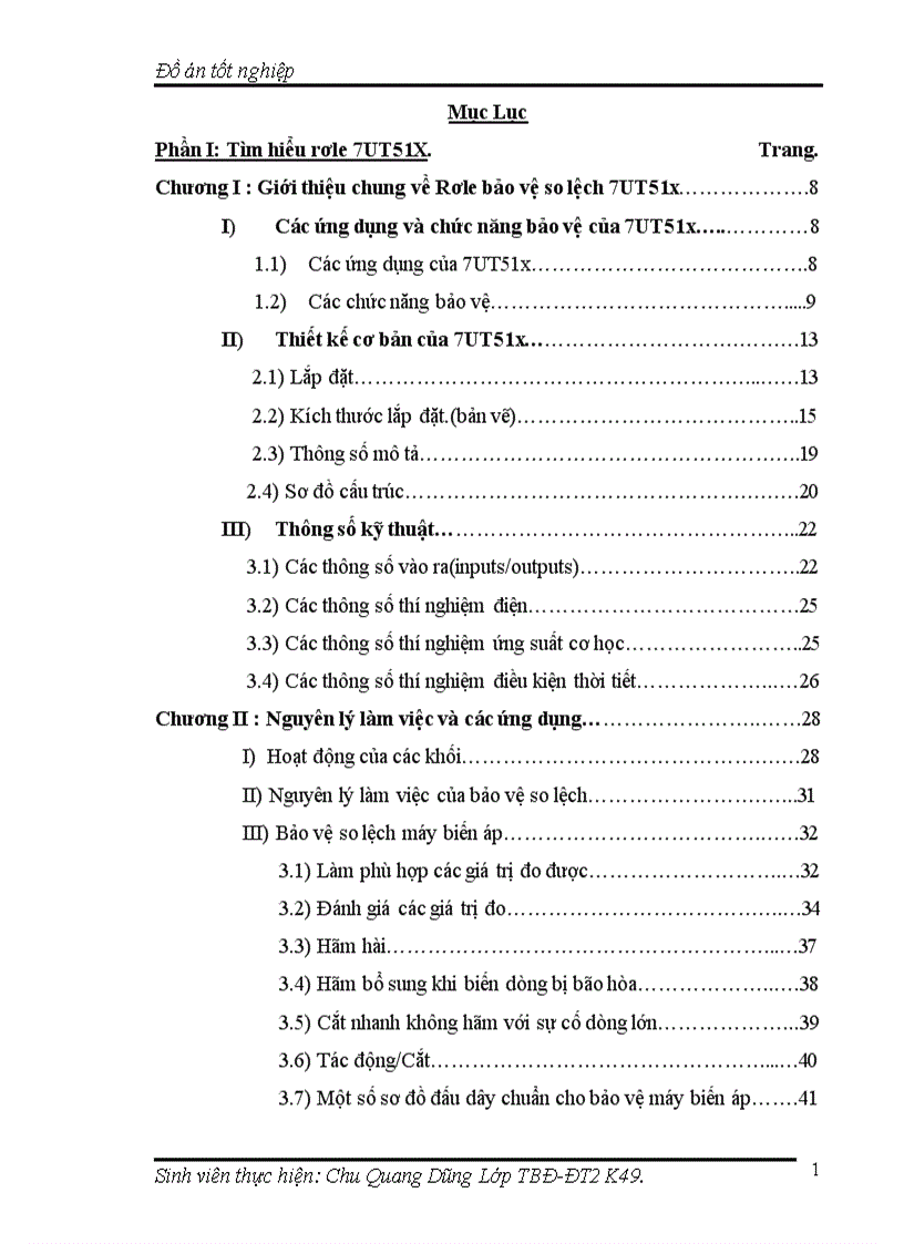 Đồ án tốt nghiệp bảo vệ so lệch máy biến áp điện lực bằng rơ le số 7UT51x Siemens DATN K49 ĐHBKHN
