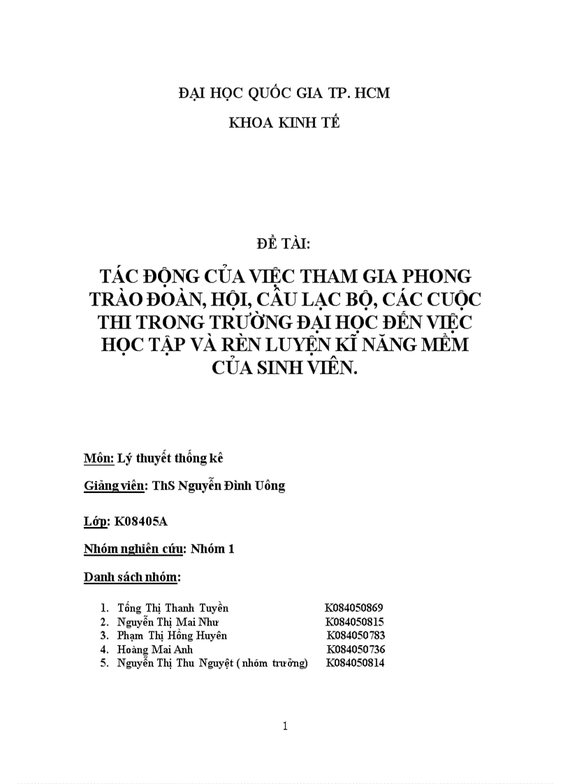 Tác động của việc tham gia phong trào Đoàn Hội các câu lạc bộ các cuộc thi trong trường đại học đến việc học tập và hình thành kĩ năng mềm của sinh viên