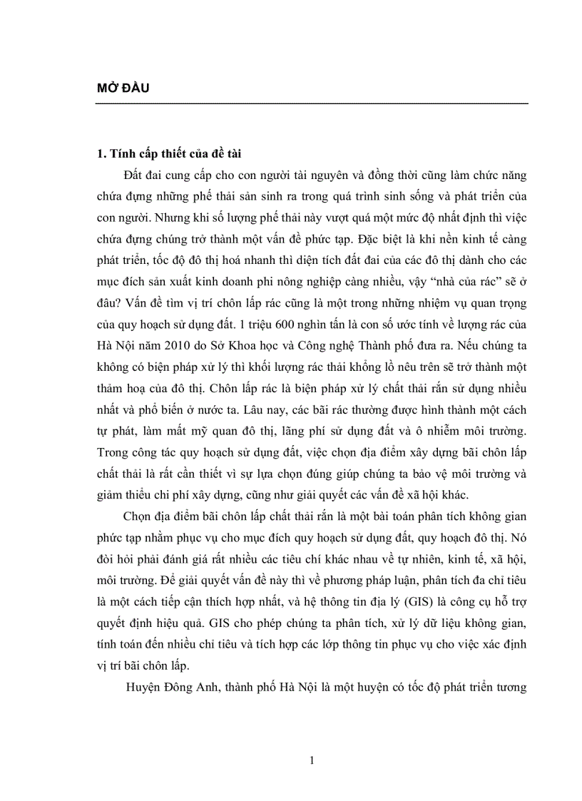 Ứng dụng GIS và phương pháp phân tích đa chỉ tiêu lựa chọn địa điểm bố trí bãi chôn lấp chất thải rắn sinh hoạt phục vụ quy hoạch sử dụng đất lấy ví dụ huyện Đông Anh thành phố HN