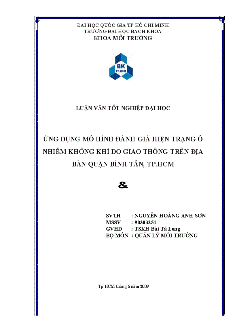 Ứng dụng phần mềm mô hình car đánh giá ô nhiễm không khí do giao thông trên địa bàn quận bình tân tp hcm