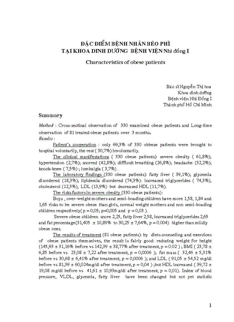 Đánh giá đặc điểm bệnh nhân béo phì tại khoa dinh dưỡng bệnh viện nhi Đồng I