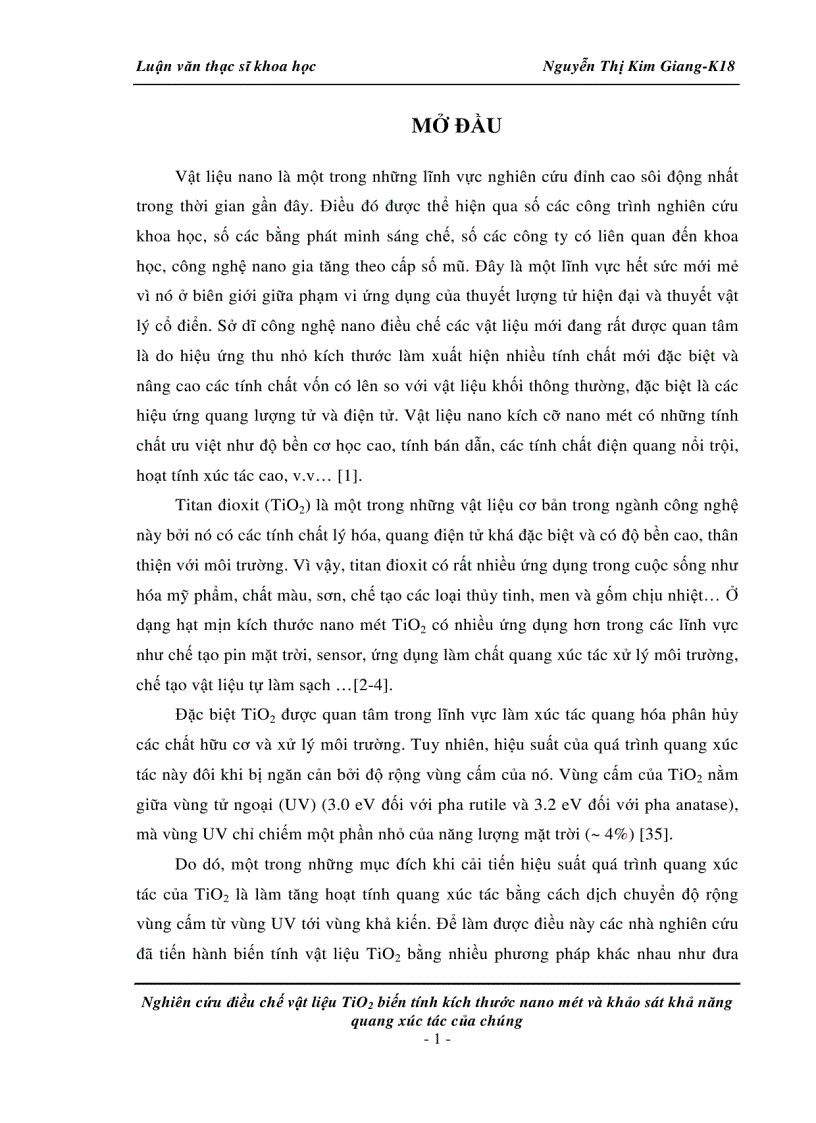 Nghiên cứu điều chế vật liệu TiO2 biến tính kích thước nano mét và khảo sát khả năng quang xúc tác của chúng