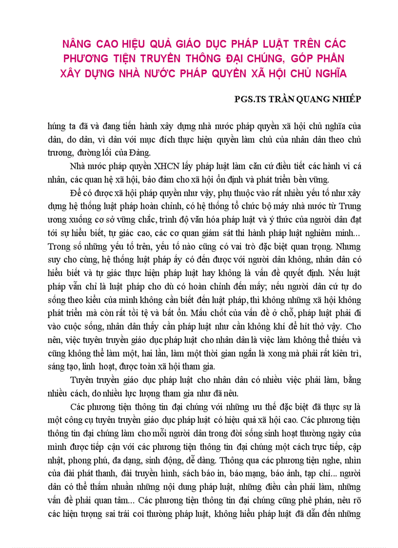 Nâng cao hiệu quả giáo dục pháp luật trên các phương tiện truyền thông đại chúng góp phần xây dựng nhà nước pháp quyền xã hội chủ nghĩa