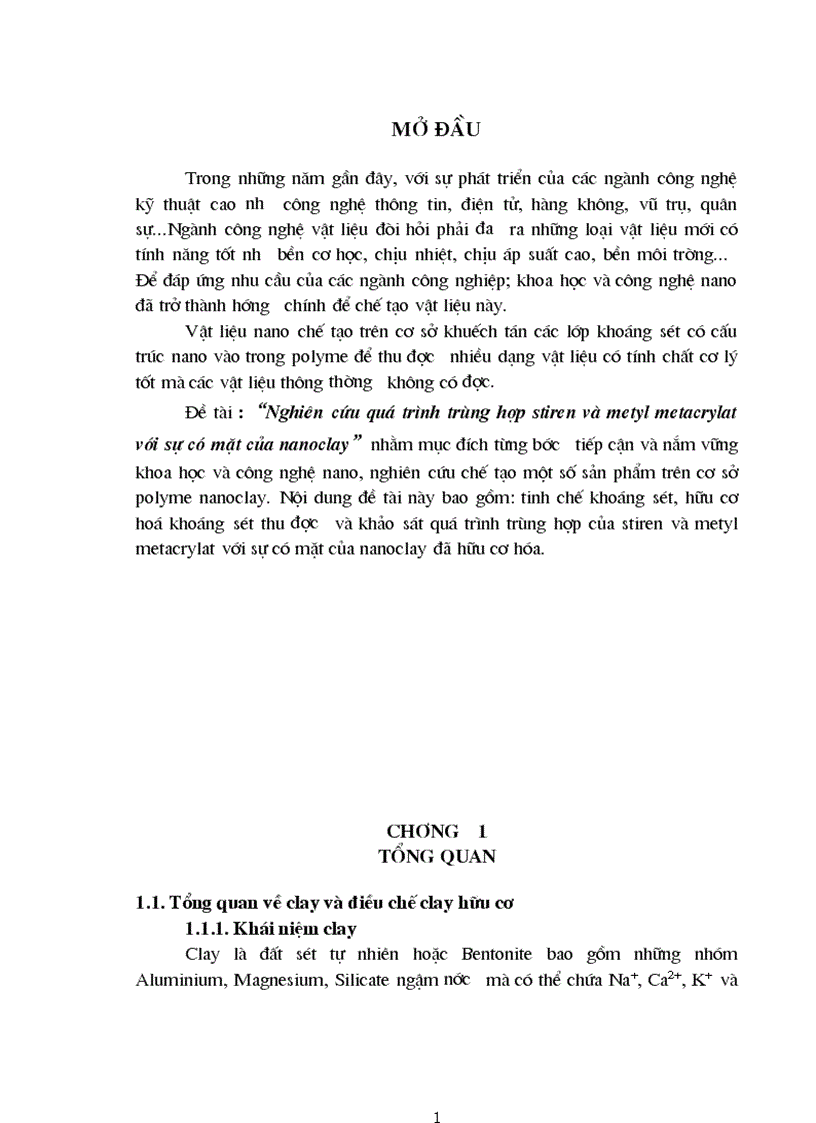 Nghiên cứu quá trình trùng hợp stiren và metyl metacrylat với sự có mặt của nanoclay