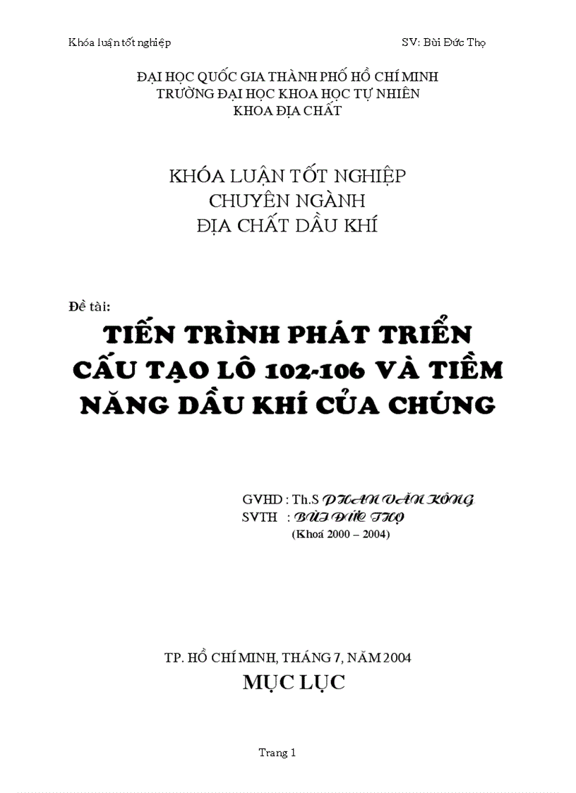 Tiến trình phát triển cấu tạo lô 102 106 và tiềm năng dầu khí của chúng