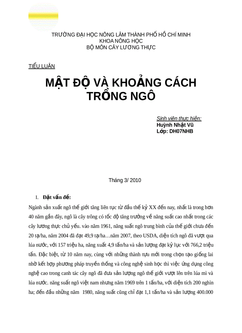 Cây Lương Thực Mật độ và khoảng cách trông ngô