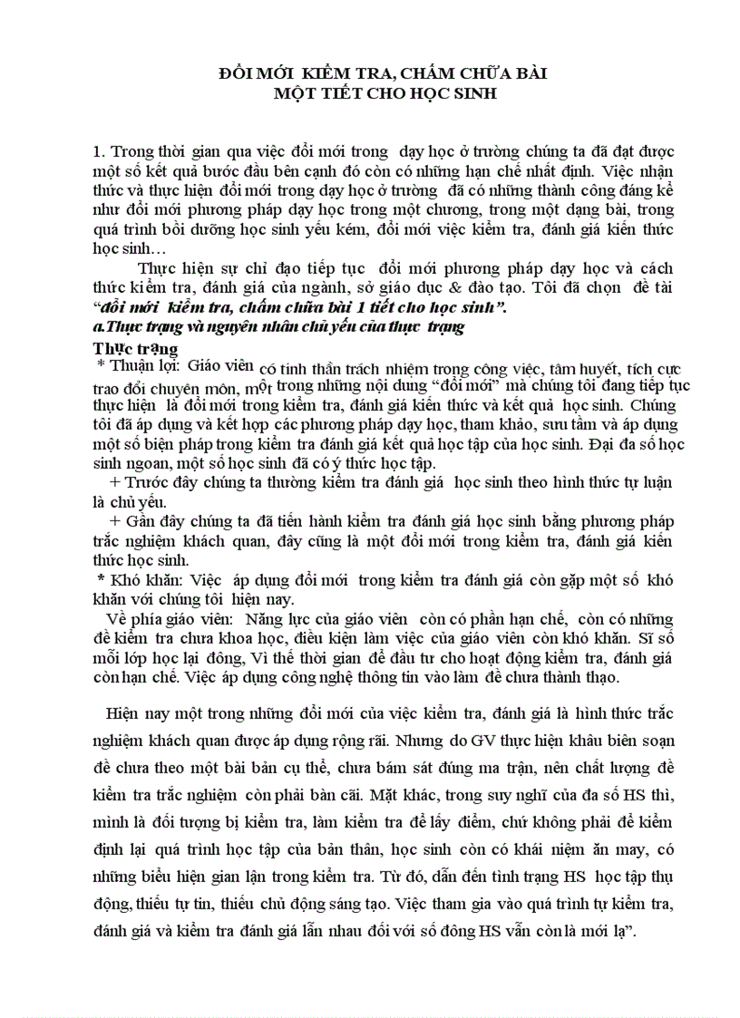 Đổi mới kiểm tra chấm chữa bài 1 tiết cho học sinh