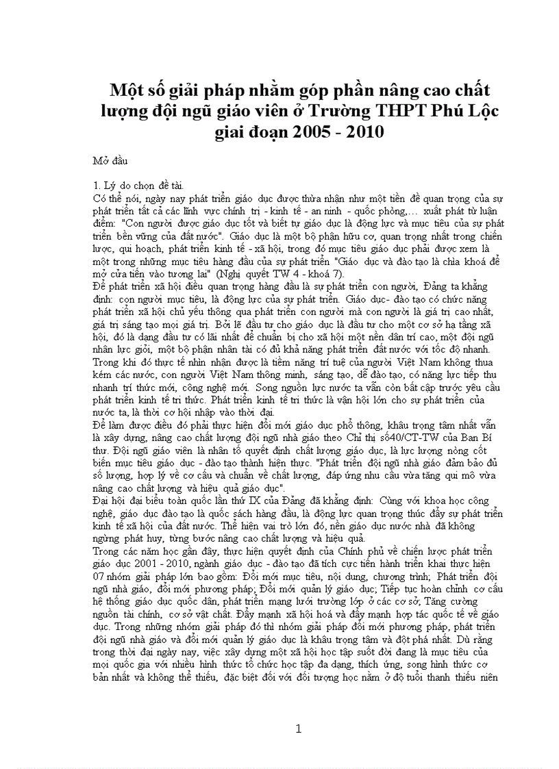 Một số giải pháp nhằm góp phần nâng cao chất lượng đội ngũ giáo viên ở Trường THPT Phú Lộc giai đoạn 2005 2010
