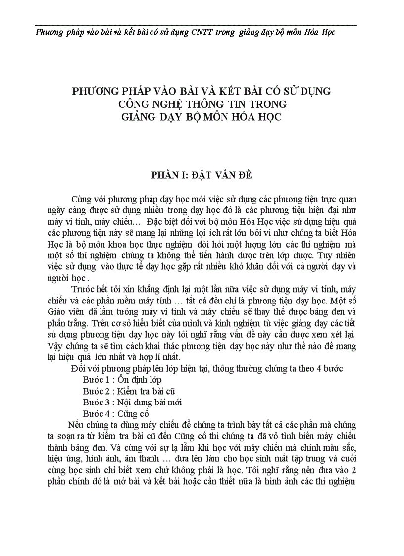 Phương pháp vào bài và kết bài có sử dụng công nghệ thông tin trong giảng dạy bộ môn hóa học