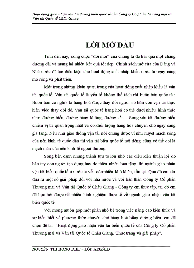 Hoạt động giao nhận vận tải biển quốc tế của Công ty Cổ phần Thương mại và Vận tải Quốc tế Châu Giang Thực trạng và giải pháp