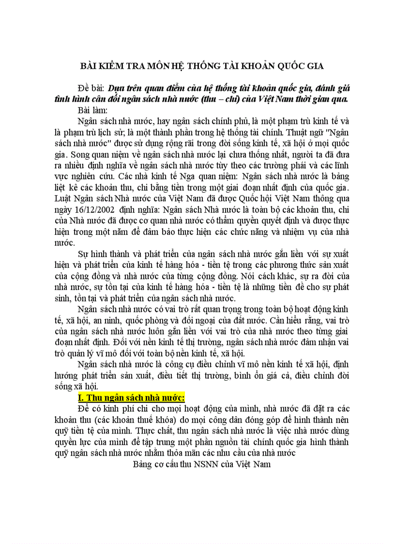 Tiểu luận môn SNA hệ thống tài khoản quốc gia cân đối ngân sách nhà nước