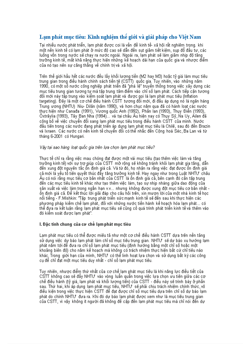 Lạm phát mục tiêu Kinh nghiệm thế giới và giải pháp cho Việt Nam giai đoạn 2001 2010