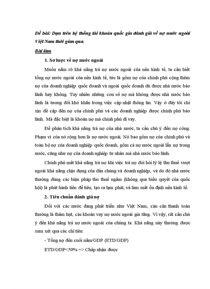 Tiểu luận môn SNA hệ thống tài khoản quốc gia đánh giá nợ nước ngoài của Việt Nam