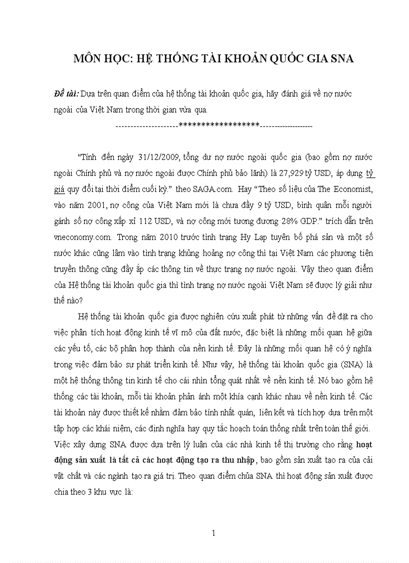 Tiểu luận môn SNA hệ thống tài khoản quốc gia đánh giá nợ nước ngoài của Việt Nam