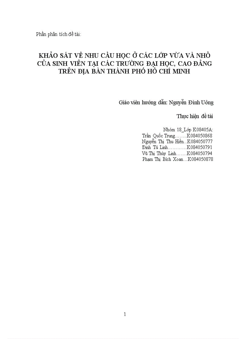Khảo sát về nhu cầu học ở các lớp vừa và nhỏ của sinh viên tại các trường đại học cao đẳng trên địa bàn thành phố hồ chí minh