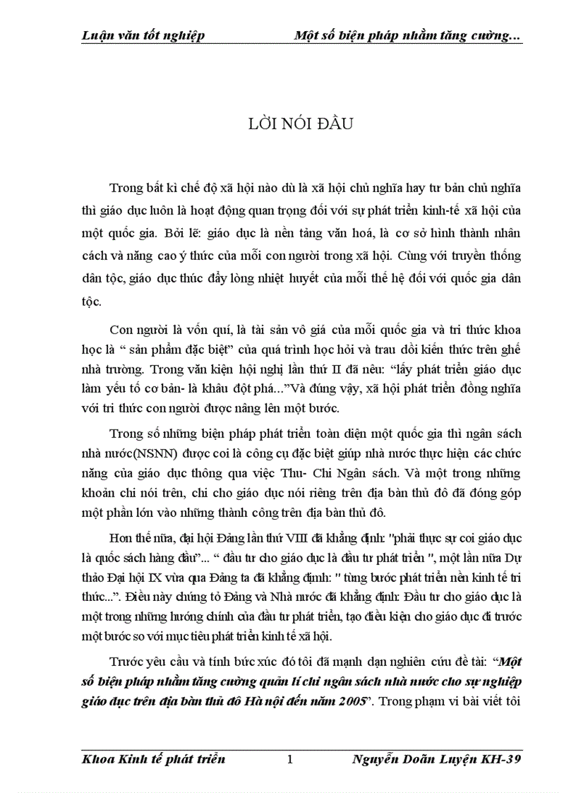 Biện pháp nhằm tăng cường quản lý NSNN cho sự nghiệp giáo dục trên địa bàn Hà Nội đến năm 2005