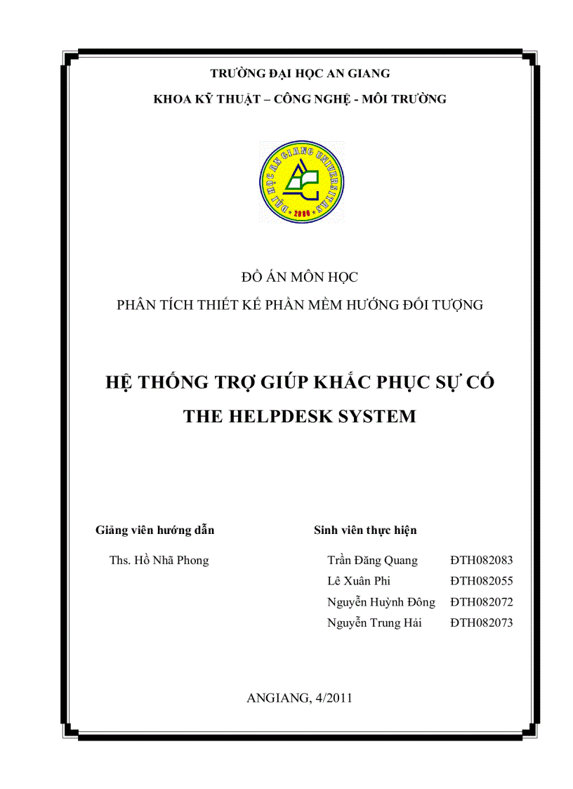 Phân tích thiết kế phần mềm hướng đối tượng Hệ thống trợ giúp khắc phục sự cố the helpdesk system