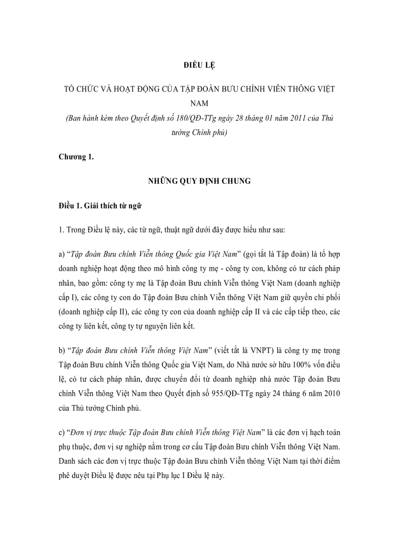 Điều lệ tổ chức và hoạt động của tập đoàn bưu chính viễn thông việt nam điều lệ tổ chức và hoạt động của tập đoàn bưu chính viễn thông việt nam