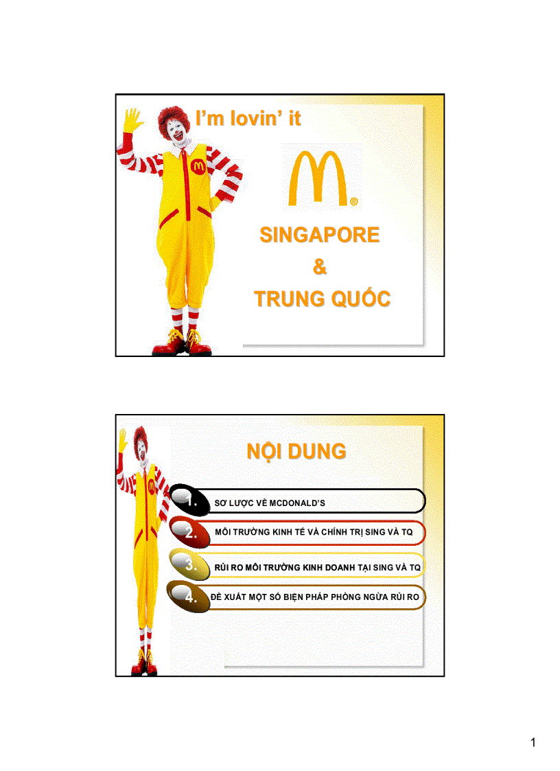 Slide phân tích rủi ro môi trường kinh doanh tại Singapore và Trung Quốc của Mcdonald s