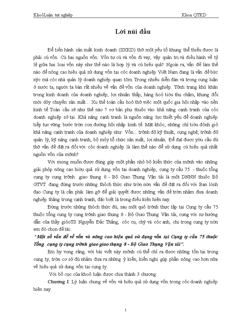 Một số vấn đề về Vốn và nâng cao hiệu quả sử dụng vốn tại công ty cầu 75 thuộc tổng công ty công trình giao thông 8