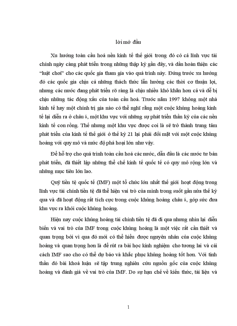 Vai trò của IMF trong cuộc khủng hoảng tài chính tiền tệ