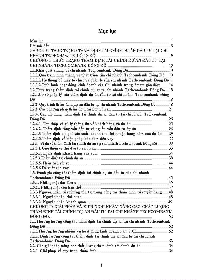 Thẩm định tài chính dự án đầu tư tại chi nhánh Techcombank Đông Đô Thực trạng và giải pháp