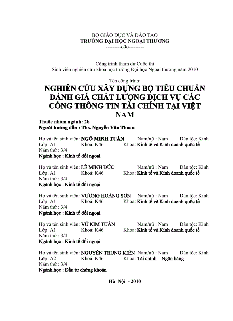 Nghiên cứu xây dựng bộ tiêu chuẩn đánh giá chất lượng dịch vụ các công thông tin tài chính Việt Nam