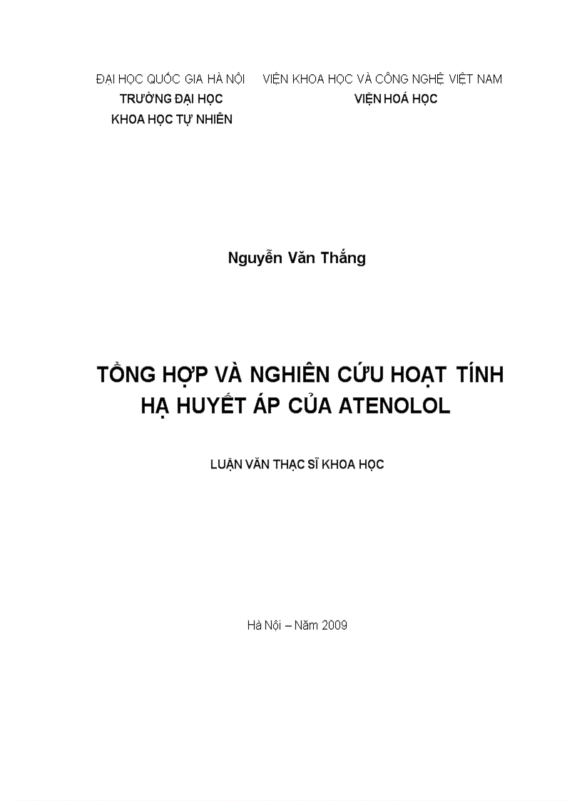 Tổng hợp và nghiên cứu hoạt tính hạ huyết áp của atenolol