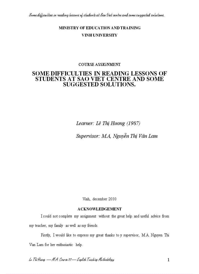 Some dificultiies in reading lessons of students at Sao Viet Center and some suggested solutions