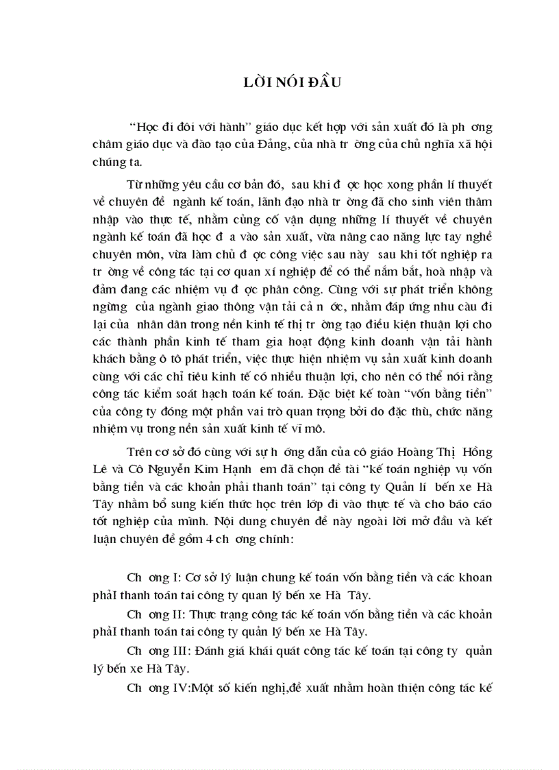 Báo cáo tốt nghiệp Kế toán nghiệp vụ vốn bằng tiền và các khoản phải thanh toán tại bên xe Hà Tây