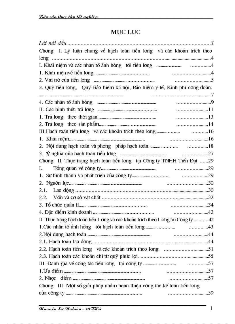 Báo cáo tốt nghiệp Hạch toán tiền lương và các khoản trích theo lương tại Công ty TNHH Tiến Đạt