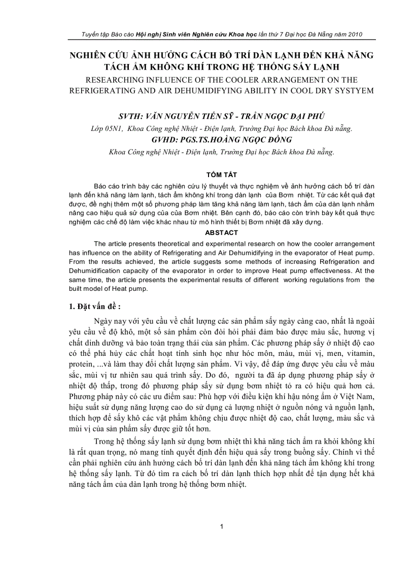 NCKH Ảnh hưởng cách bố trí dàn lạnh đến khả năng tách ẩm không khí trong hệ thống sấy lạnh