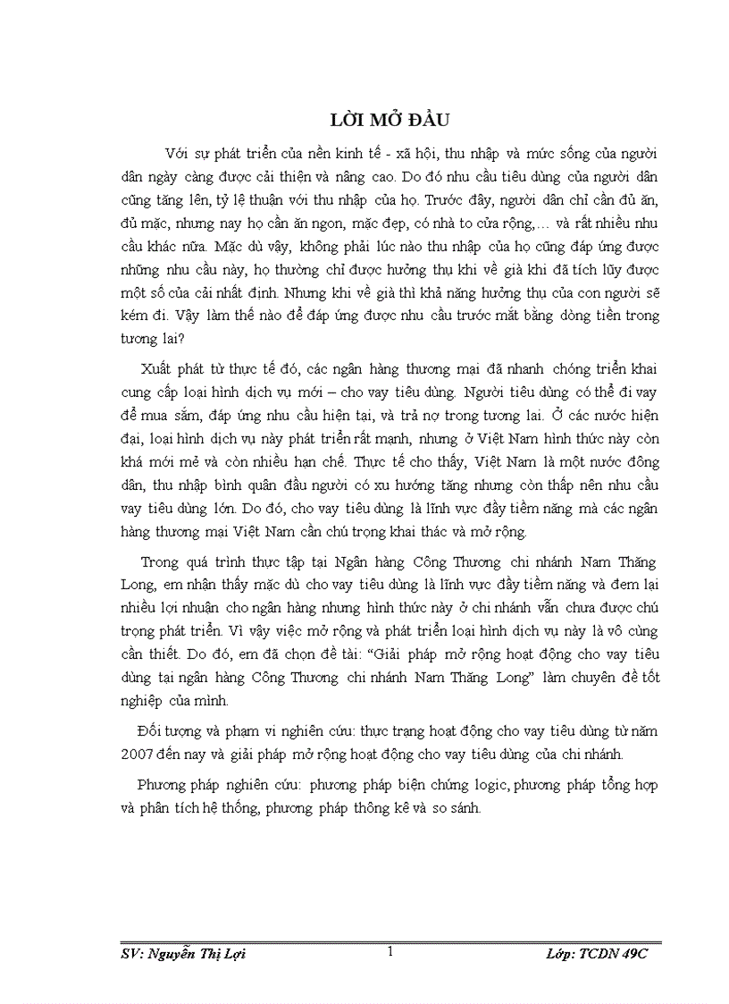 Giải pháp mở rộng hoạt động cho vay tiêu dùng tại ngân hàng Công Thương chi nhánh Nam Thăng Long