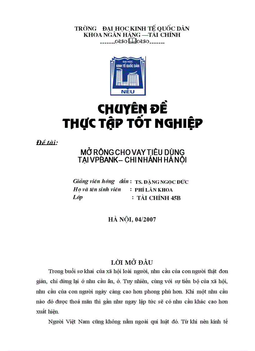 Mở rộng cho vay tiêu dùng tại ngân hàng thương mại cổ phần các doanh nghiệp ngoài quốc doanh Chi nhánh Hà Nội