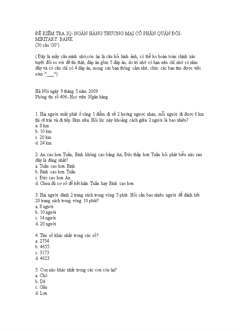 Đề kiểm tra iq ngân hàng thương mại cổ phần quân đội miritary bank
