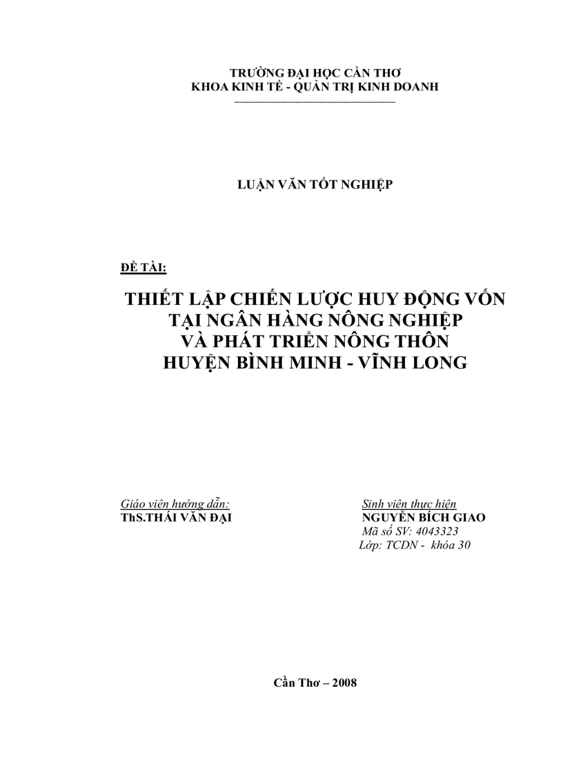 Thiết lập chiến lược huy động vốn tại ngân hàng nông nghiệp và phát triển nông thôn huyện bình minh vĩnh long