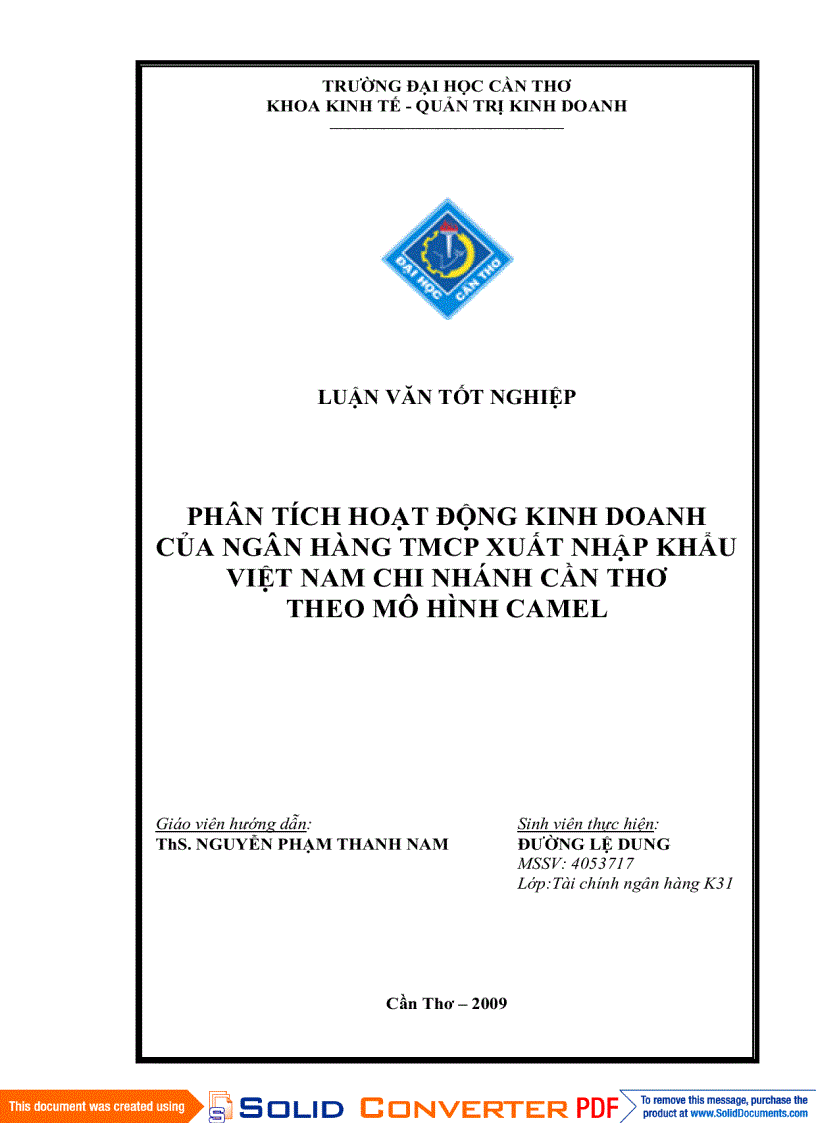 Phân tích hoạt động kinh doanh của ngân hàng tmcp xuất nhập khẩu việt nam chi nhánh cần thơ theo mô hình camel