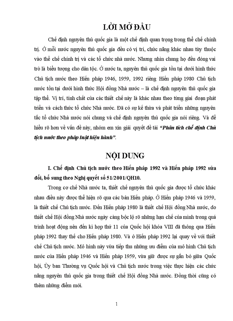 Tiểu Luận Phân tích chế định Chủ tịch nước theo pháp luật hiện hành