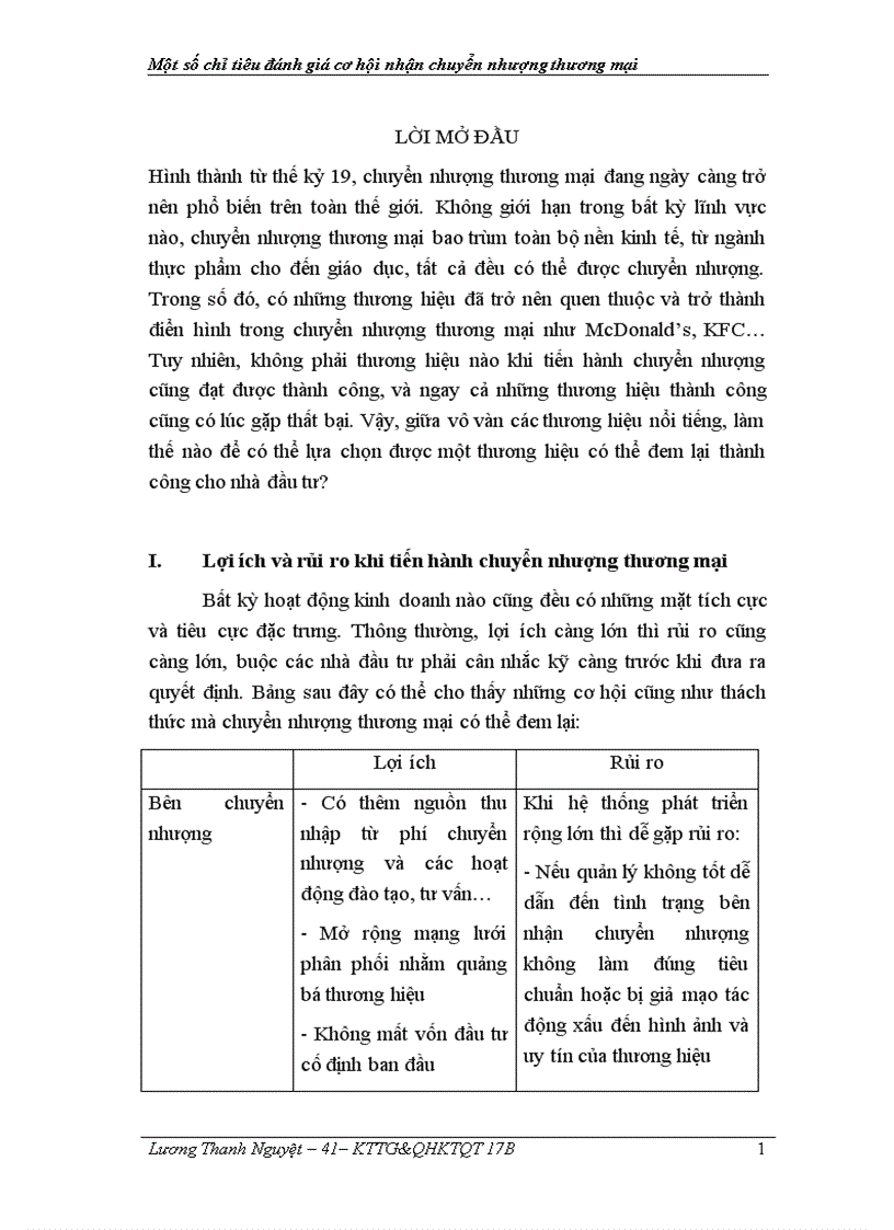 Một số chỉ tiêu đánh giá cơ hội nhận chuyển nhượng thương mại