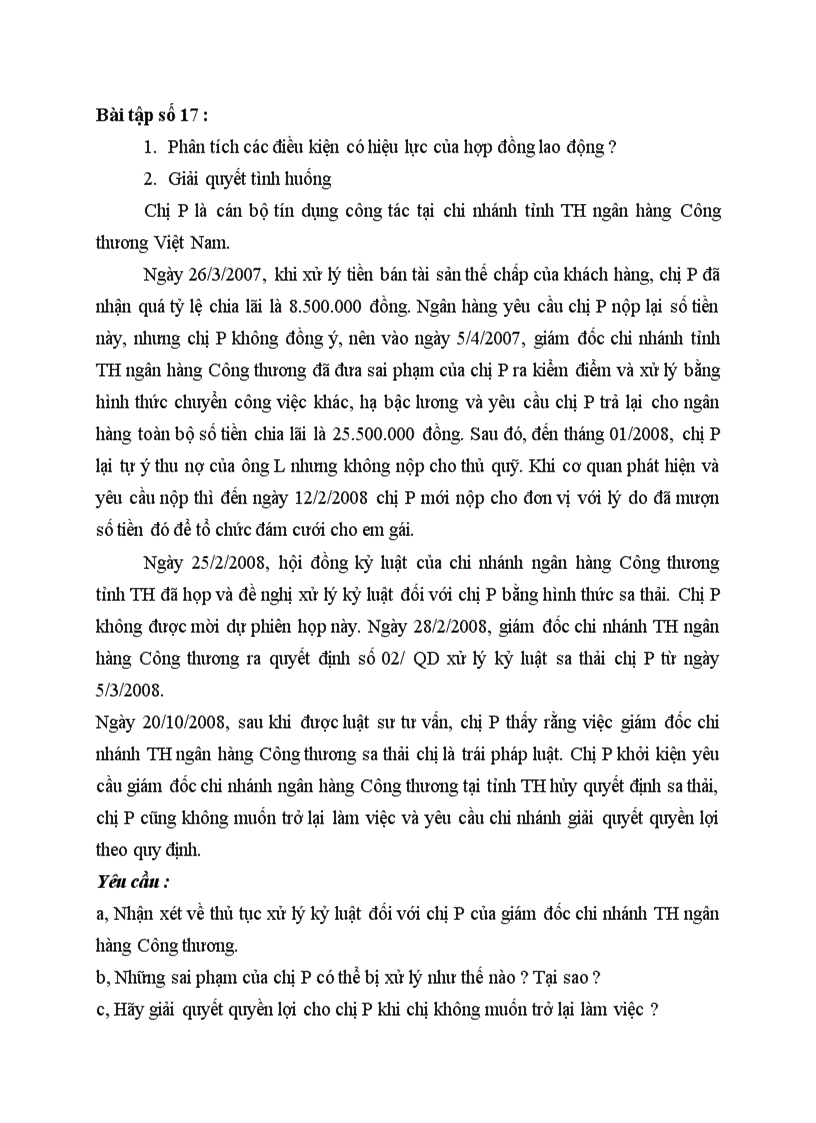 Luật lao động học kỳ đề 17 Điều kiện có hiệu lực của hợp đồng lao động và bài tập tình huống