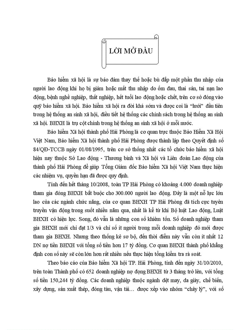 Thực trạng và giải pháp nhằm hạn chế tình trạng nợ đọng bảo hiểm xã hội của các doanh nghiệp tại Hải Phòng giai đoạn 2008 2010