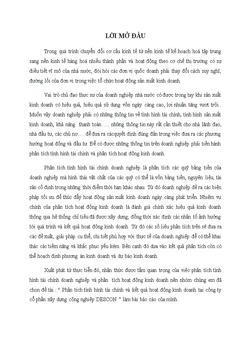 Phân tích tình hình tài chính và kết quả hoạt động kinh doanh tại công ty cổ phần xây dựng công nghiệp DESCON