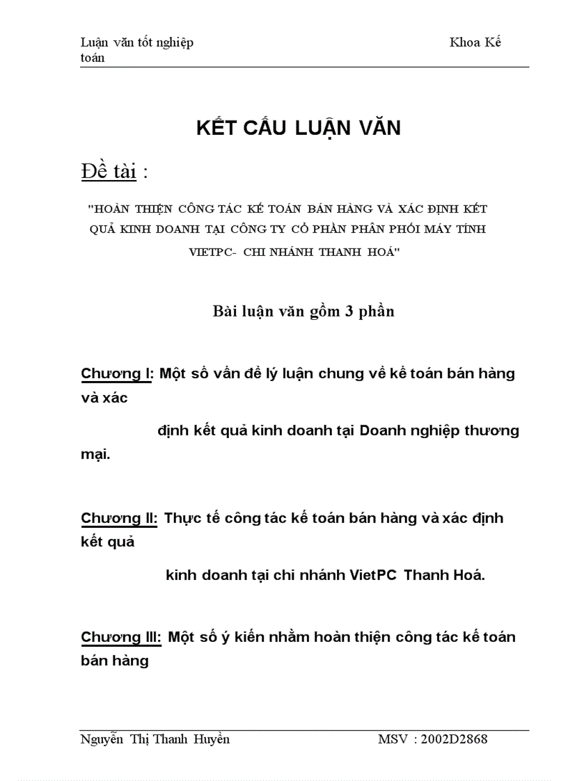 Hoàn thiện công tác kế toán bán hàng và xác định kết quả kinh doanh tại công ty cổ phần phân phối máy tính vietpc chi nhánh thanh hoá