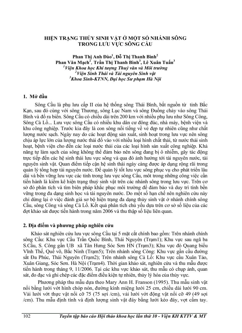 Hiện trạng thủy sinh vật ở một số nhánh sông trong lưu vực sông cầu