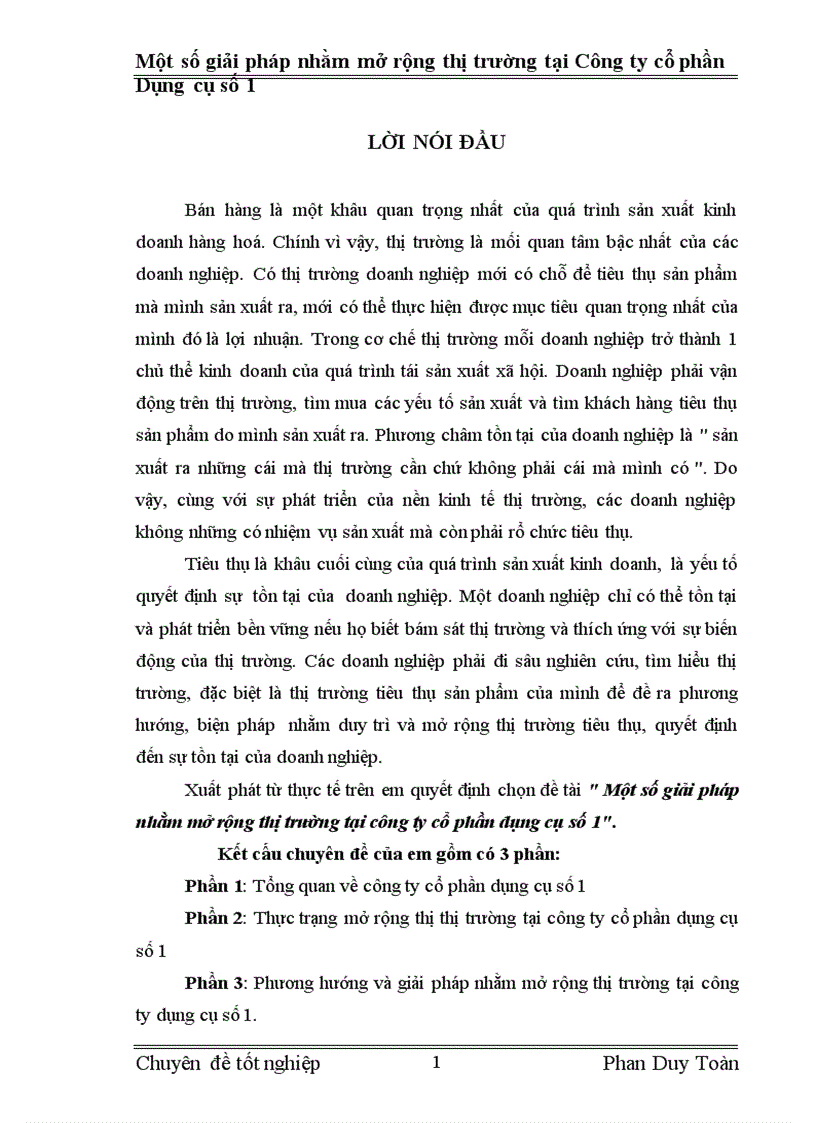 Một số Giải pháp nhằm mở rộng thị trường tại công ty cổ phần Dụng cụ số 1